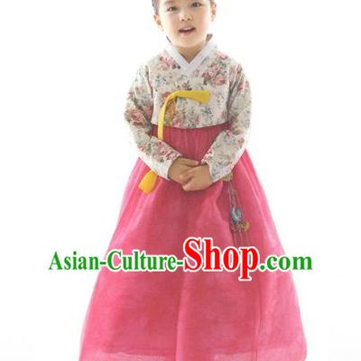 Asian Korean National Handmade Formal Occasions Wedding Clothing Printing Blouse and Pink Dress Palace Hanbok Costume for Kids