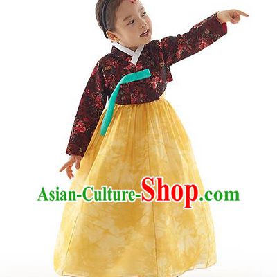 Asian Korean National Handmade Formal Occasions Wedding Clothing Printing Blouse and Yellow Dress Palace Hanbok Costume for Kids
