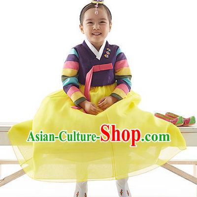 Asian Korean National Handmade Formal Occasions Wedding Clothing Purple Blouse and Yellow Dress Palace Hanbok Costume for Kids