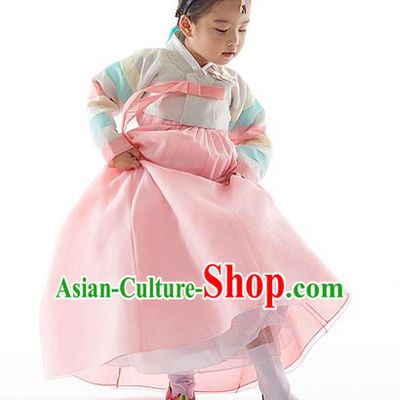 Asian Korean National Handmade Formal Occasions Wedding Clothing Embroidered White Blouse and Pink Dress Palace Hanbok Costume for Kids
