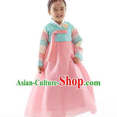 Asian Korean National Handmade Formal Occasions Wedding Clothing Embroidered Blue Blouse and Pink Dress Palace Hanbok Costume for Kids