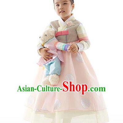 Asian Korean National Handmade Formal Occasions Wedding Clothing Printing Grey Blouse and Pink Dress Palace Hanbok Costume for Kids