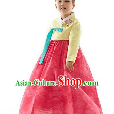 Asian Korean National Handmade Formal Occasions Wedding Clothing Yellow Lace Blouse and Red Dress Palace Hanbok Costume for Kids