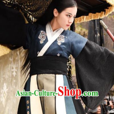 Traditional Chinese Qin Dynasty Female Assassin Costume, Asian China Ancient Swordswoman Embroidered Clothing