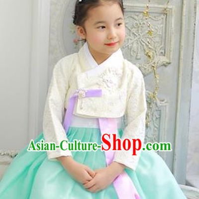 Asian Korean National Handmade Formal Occasions Wedding Bride Clothing Embroidered White Blouse and Green Dress Palace Hanbok Costume for Kids