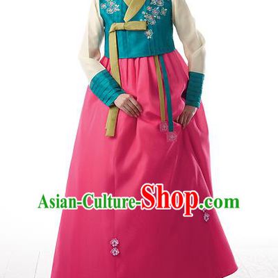 Asian Korean National Handmade Formal Occasions Wedding Bride Clothing Embroidered Green Blouse and Pink Dress Palace Hanbok Costume for Women