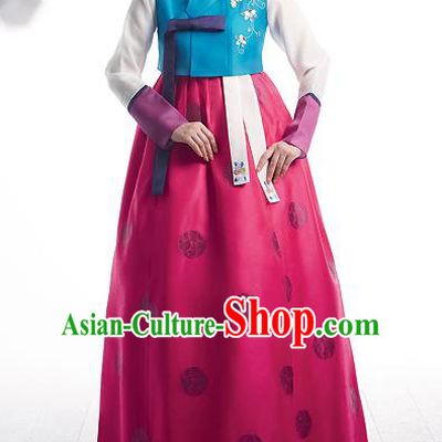 Asian Korean National Handmade Formal Occasions Wedding Bride Clothing Embroidered Blue Blouse and Pink Dress Palace Hanbok Costume for Women
