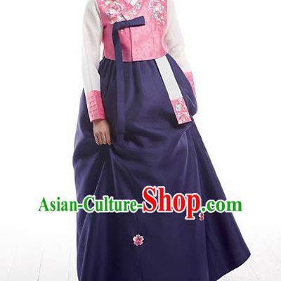 Asian Korean National Handmade Formal Occasions Wedding Bride Clothing Embroidered Pink Blouse and Purple Dress Palace Hanbok Costume for Women