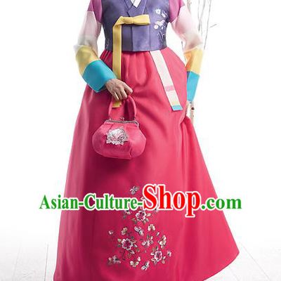 Asian Korean National Handmade Formal Occasions Wedding Bride Clothing Embroidered Purple Blouse and Pink Dress Palace Hanbok Costume for Women