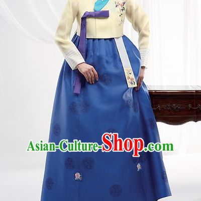 Asian Korean National Handmade Formal Occasions Wedding Bride Clothing Embroidered Yellow Blouse and Blue Dress Palace Hanbok Costume for Women