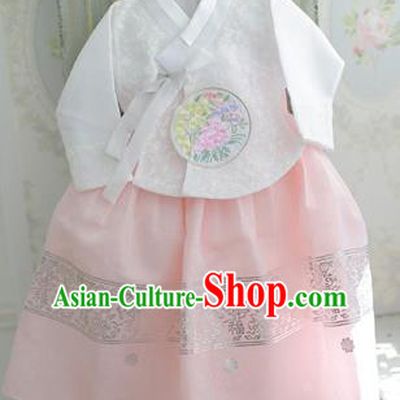 Asian Korean National Handmade Formal Occasions Wedding Bride Clothing Embroidered White Blouse and Pink Dress Palace Hanbok Costume for Kids