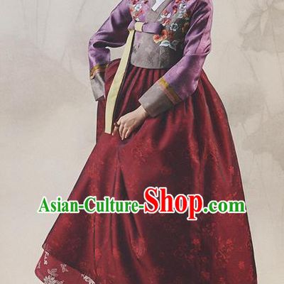 Korean National Handmade Formal Occasions Wedding Bride Clothing Hanbok Costume Embroidered Purple Blouse and Red Dress for Women