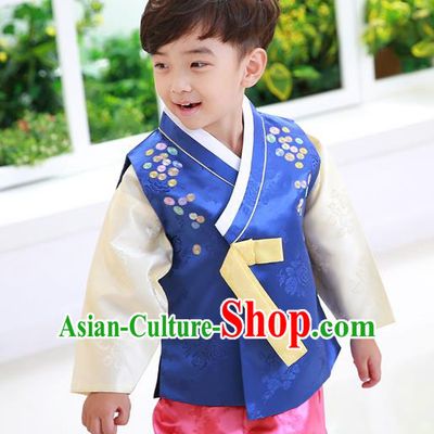 Asian Korean National Traditional Handmade Formal Occasions Boys Embroidery Blue Vest Hanbok Costume Complete Set for Kids