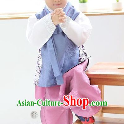 Asian Korean National Traditional Handmade Formal Occasions Boys Embroidery Light Blue Vest Hanbok Costume Complete Set for Kids