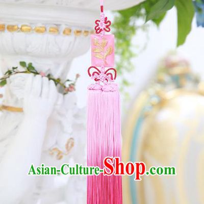 Asian Korean Hanbok Embroidered Pink Tassel Waist Decorations, Korean National Belts Accessories Wedding Bride Waist Pendant for Women