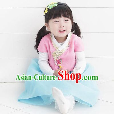 Asian Korean National Handmade Formal Occasions Wedding Bride Clothing Embroidered Pink Blouse and Blue Dress Palace Hanbok Costume for Kids