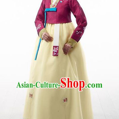 Asian Korean National Handmade Formal Occasions Wedding Bride Clothing Embroidered Amaranth Blouse and Yellow Dress Palace Hanbok Costume for Women