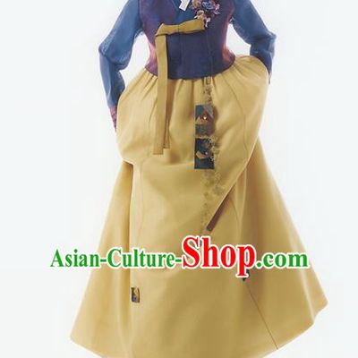 Korean National Handmade Formal Occasions Wedding Bride Clothing Embroidered Blue Blouse and Yellow Dress Palace Hanbok Costume for Women