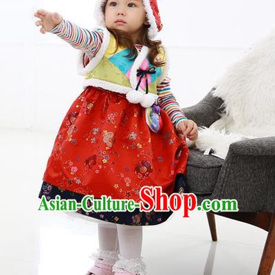 Asian Korean National Handmade Formal Occasions Wedding Bride Clothing Embroidered Yellow Vest and Red Dress Palace Hanbok Costume for Kids