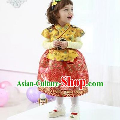 Asian Korean National Handmade Formal Occasions Wedding Bride Clothing Embroidered Yellow Blouse and Red Dress Palace Hanbok Costume for Kids