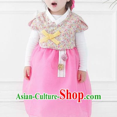 Asian Korean National Handmade Formal Occasions Wedding Bride Clothing Printing Vest and Pink Dress Palace Hanbok Costume for Kids