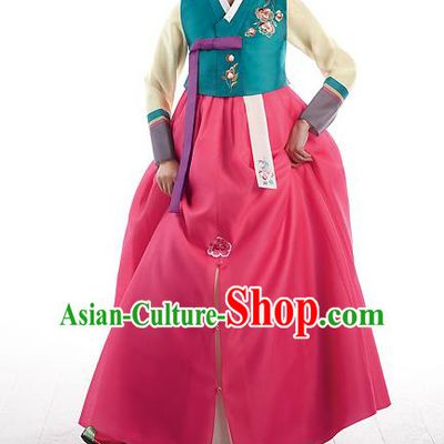 Korean National Handmade Formal Occasions Wedding Bride Clothing Embroidered Green Blouse and Red Dress Palace Hanbok Costume for Women
