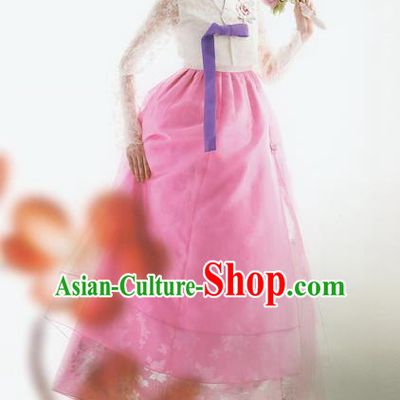 Korean National Handmade Formal Occasions Wedding Bride Clothing Embroidered White Lace Blouse and Pink Dress Palace Hanbok Costume for Women