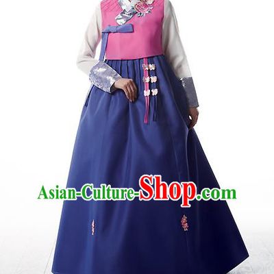 Korean National Handmade Formal Occasions Wedding Bride Clothing Embroidered Pink Blouse and Blue Dress Palace Hanbok Costume for Women