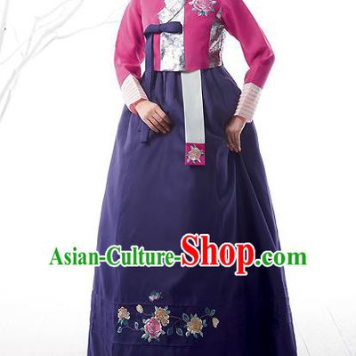 Asian Korean National Handmade Formal Occasions Wedding Bride Clothing Embroidered Pink Blouse and Purple Dress Palace Hanbok Costume for Women