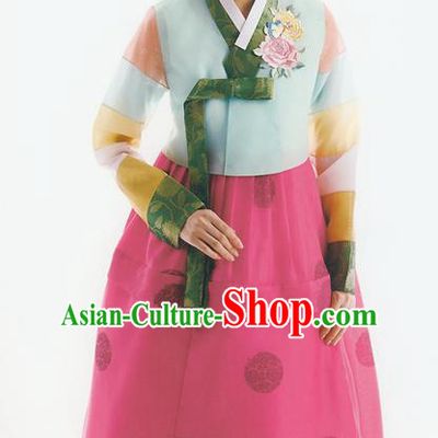 Korean National Handmade Formal Occasions Wedding Bride Clothing Embroidered Blue Blouse and Rosy Dress Palace Hanbok Costume for Women