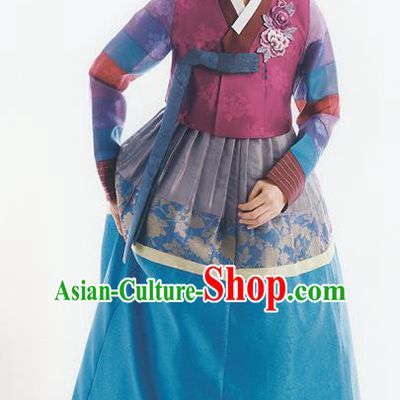 Korean National Handmade Formal Occasions Wedding Bride Clothing Embroidered Wine Red Blouse and Blue Dress Palace Hanbok Costume for Women