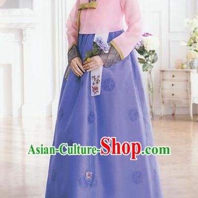 Korean National Handmade Formal Occasions Wedding Bride Clothing Embroidered Pink Blouse and Blue Dress Palace Hanbok Costume for Women