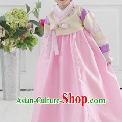 Korean National Handmade Formal Occasions Wedding Bride Clothing Embroidered Beige Blouse and Pink Dress Palace Hanbok Costume for Kids
