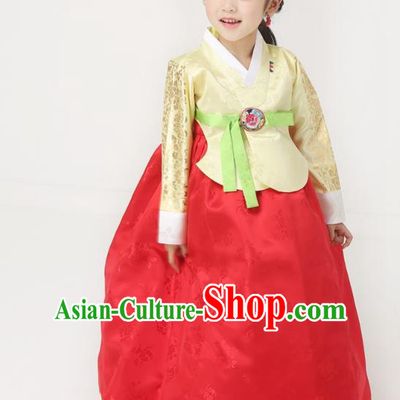 Korean National Handmade Formal Occasions Wedding Bride Clothing Embroidered Yellow Blouse and Red Dress Palace Hanbok Costume for Kids