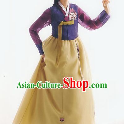 Korean National Handmade Formal Occasions Wedding Bride Clothing Embroidered Purple Blouse and Yellow Dress Palace Hanbok Costume for Women