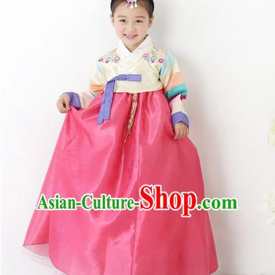 Korean National Handmade Formal Occasions Wedding Bride Clothing Embroidered Beige Blouse and Red Dress Palace Hanbok Costume for Kids