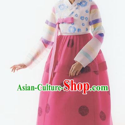 Korean National Handmade Formal Occasions Wedding Bride Clothing Embroidered White Blouse and Red Dress Palace Hanbok Costume for Women