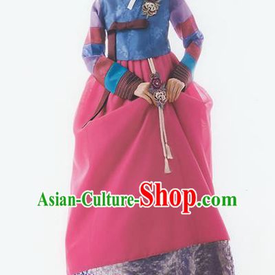 Korean National Handmade Formal Occasions Wedding Bride Clothing Embroidered Blue Blouse and Red Dress Palace Hanbok Costume for Women