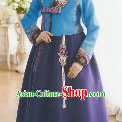Korean National Handmade Formal Occasions Wedding Bride Clothing Embroidered Blue Blouse and Purple Dress Palace Hanbok Costume for Women