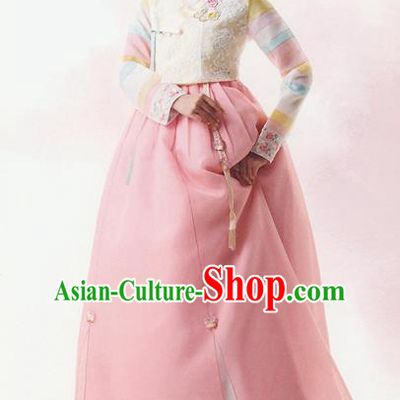 Korean National Handmade Formal Occasions Wedding Bride Clothing Embroidered White Blouse and Pink Dress Palace Hanbok Costume for Women