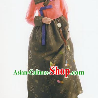 Korean National Handmade Formal Occasions Wedding Bride Clothing Embroidered Orange Blouse and Black Dress Palace Hanbok Costume for Women