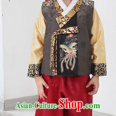 Asian Korean National Traditional Handmade Formal Occasions Boys Embroidery Grey Vest Hanbok Costume Complete Set for Kids