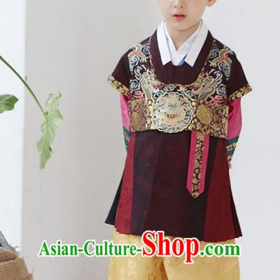 Asian Korean National Traditional Handmade Formal Occasions Boys Embroidery Wine Red Vest Hanbok Costume Complete Set for Kids