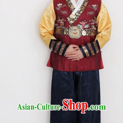 Asian Korean National Traditional Handmade Formal Occasions Bridegroom Embroidery Red Vest Hanbok Costume Complete Set for Men