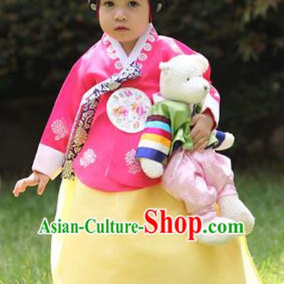 Asian Korean National Handmade Formal Occasions Wedding Bride Clothing Embroidered Pink Blouse and Yellow Dress Palace Hanbok Costume for Kids