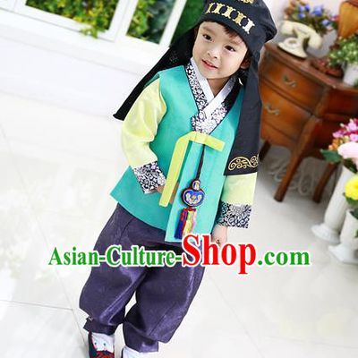 Asian Korean National Traditional Handmade Formal Occasions Boys Embroidery Green Vest Hanbok Costume Complete Set for Kids