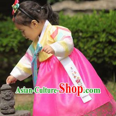 Asian Korean National Handmade Formal Occasions Wedding Bride Clothing Embroidered Yellow Blouse and Pink Dress Palace Hanbok Costume for Kids