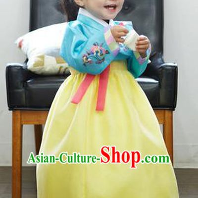 Asian Korean National Handmade Formal Occasions Wedding Bride Clothing Embroidered Blue Blouse and Yellow Dress Palace Hanbok Costume for Kids