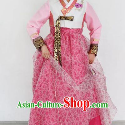 Asian Korean National Handmade Formal Occasions Wedding Bride Clothing Embroidered White Blouse and Pink Dress Palace Hanbok Costume for Women