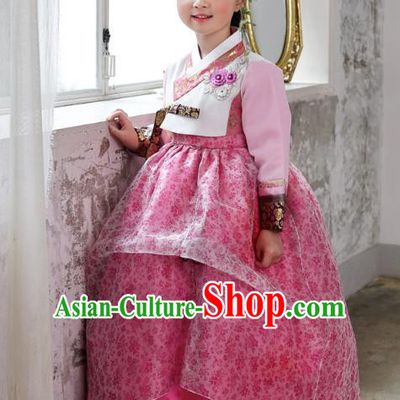 Asian Korean National Handmade Formal Occasions Wedding Bride Clothing Embroidered Blouse and Pink Dress Palace Hanbok Costume for Kids